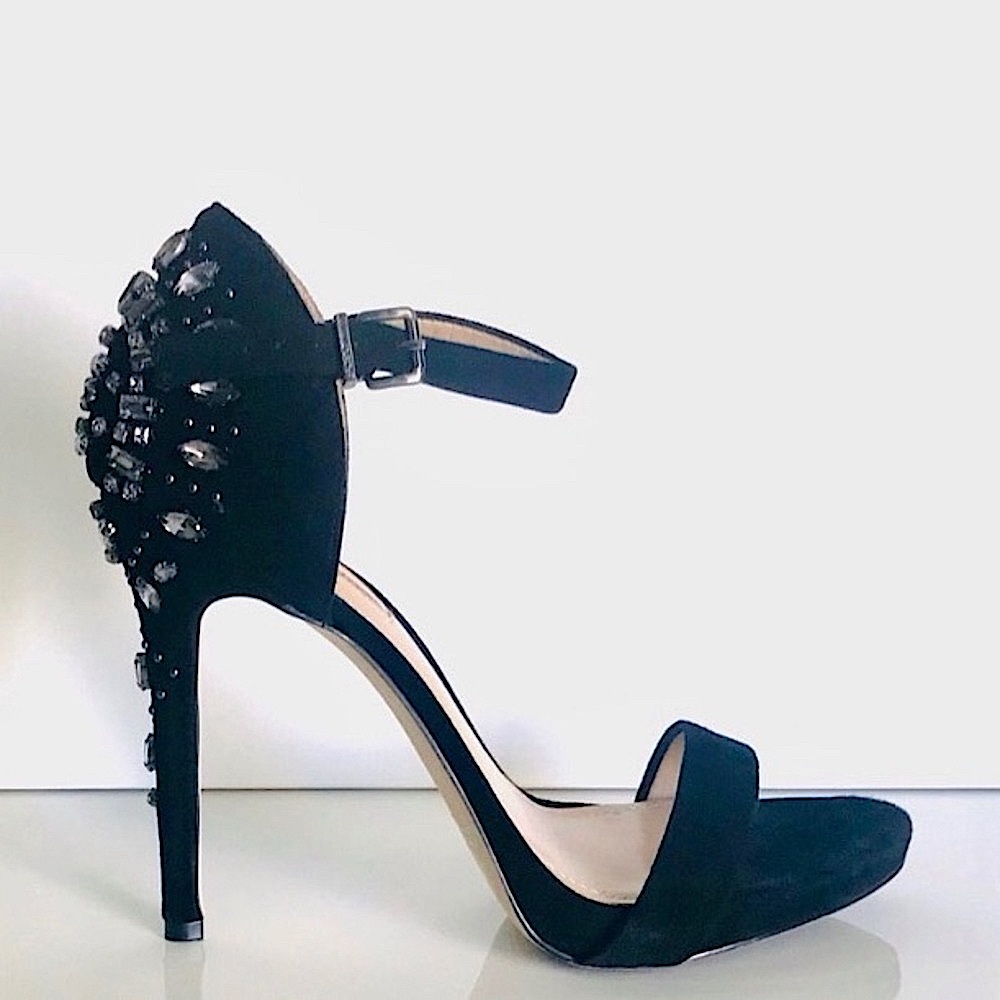 SOLD BCBG Black Suede Crystals Applique Sandal NEW W/OUT BOX